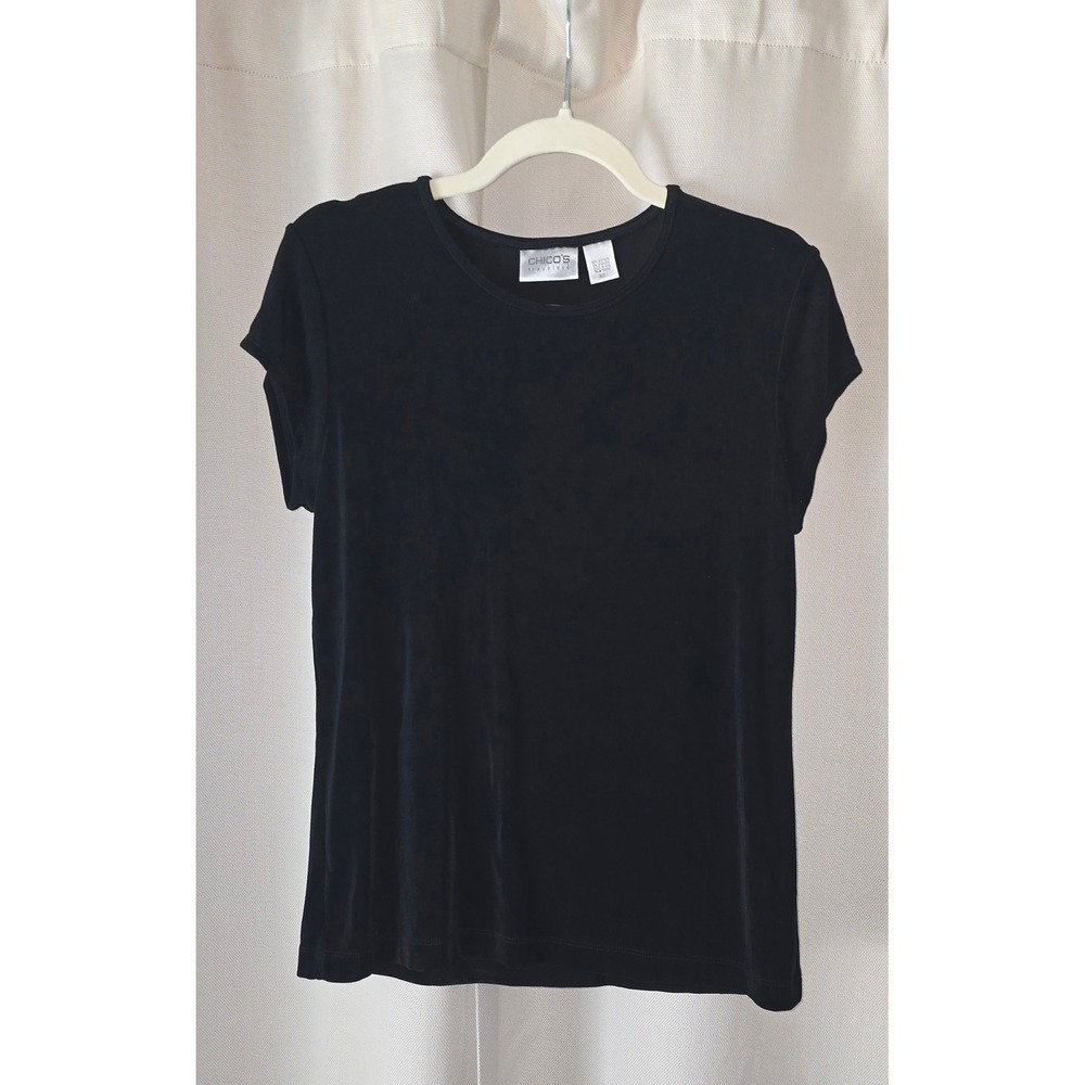 Chicos Travelers Black Short Sleeve Ribbed Crew Neck Top Size 1 Medium